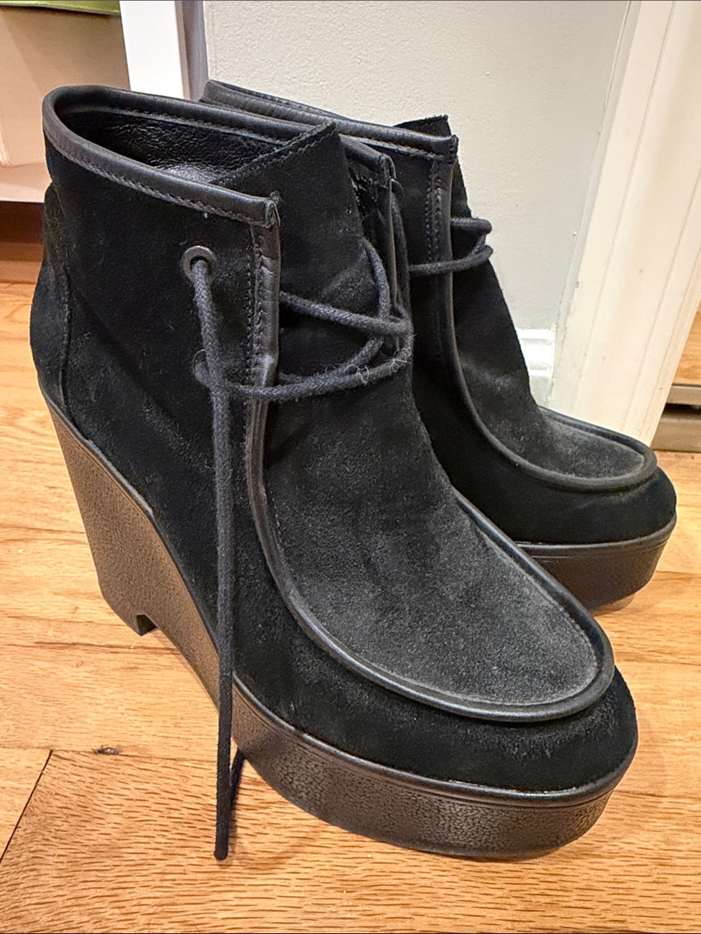 ROBERT CLERGERIE Black Suede Platform Wedge Ankle Boots - Women